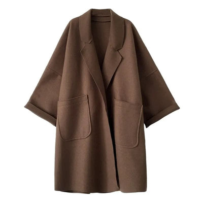 Dames Oversized Wollen Trenchcoat Met Zakken En Halve Mouwen