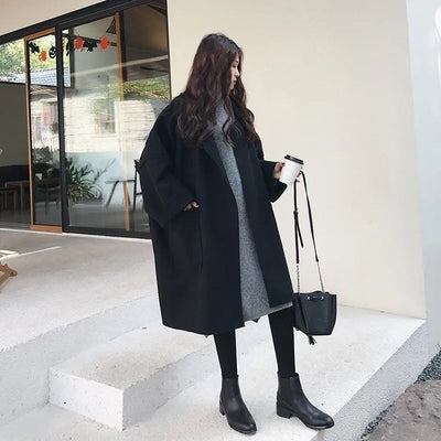 Dames Oversized Wollen Trenchcoat Met Zakken En Halve Mouwen