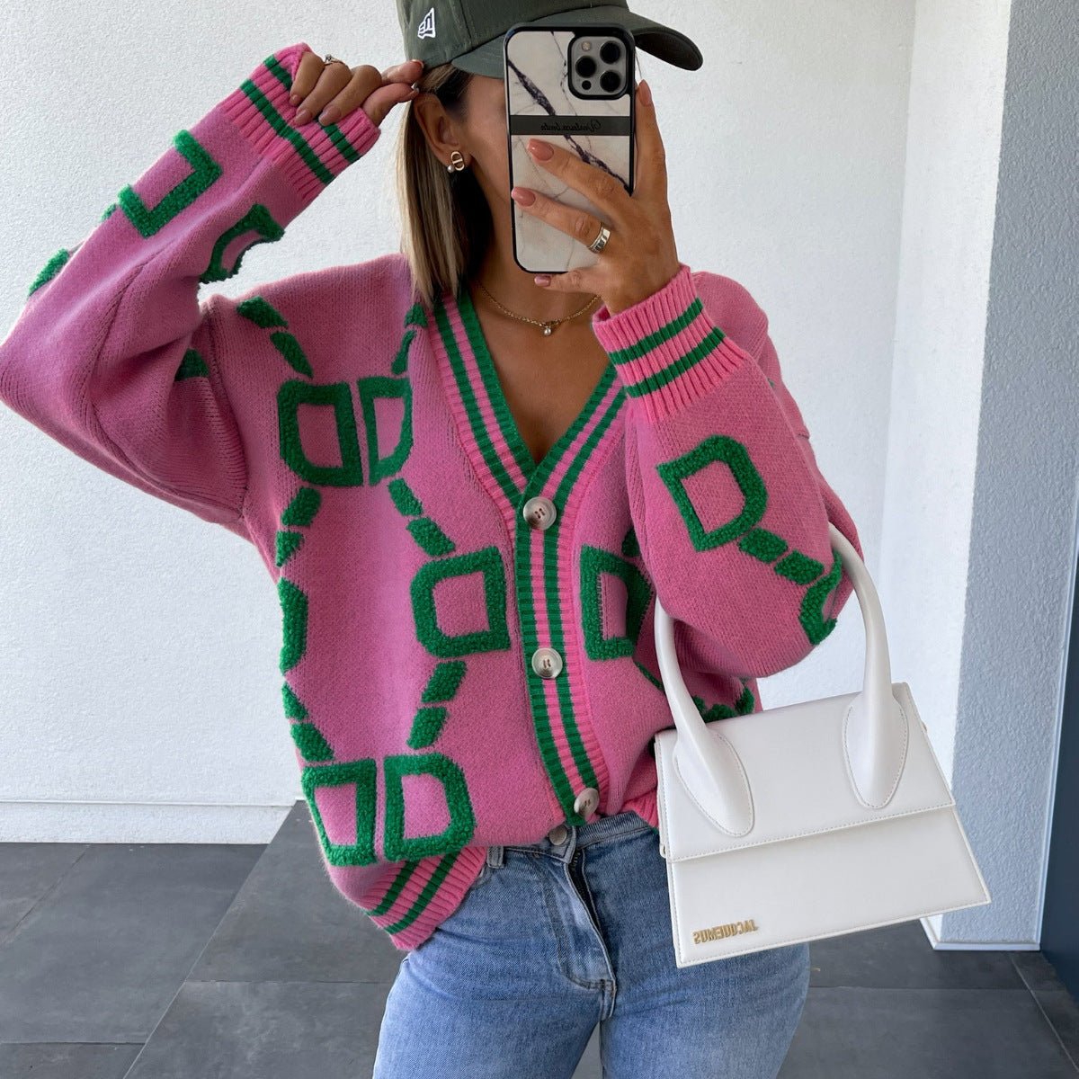 Dames Oversized Gebreide Cardigan Met Geometrische Print