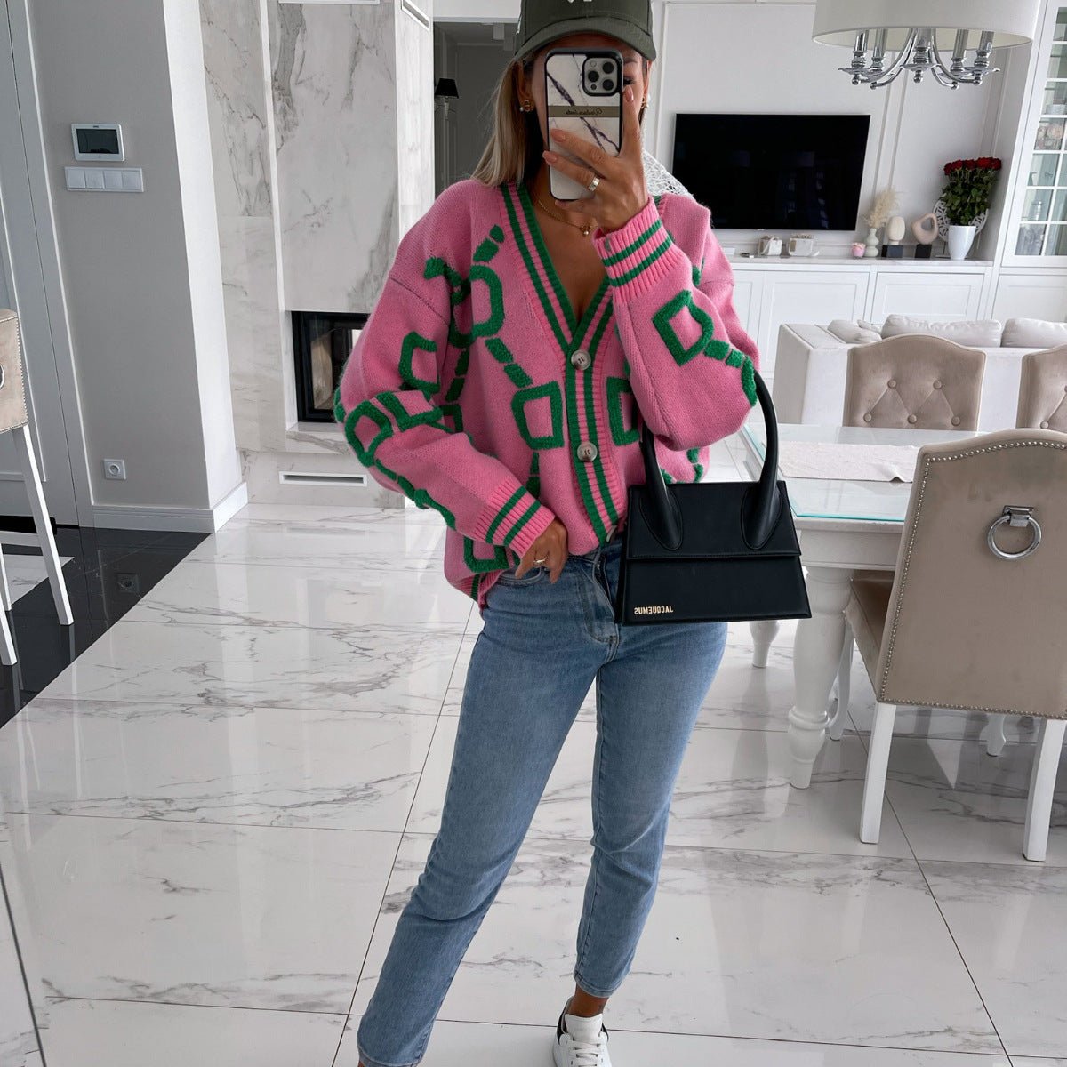 Dames Oversized Gebreide Cardigan Met Geometrische Print