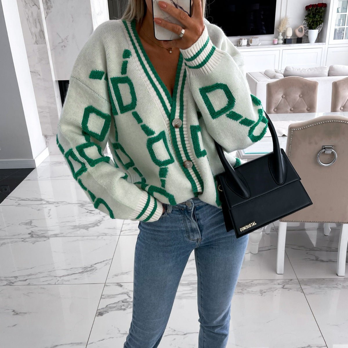 Dames Oversized Gebreide Cardigan Met Geometrische Print