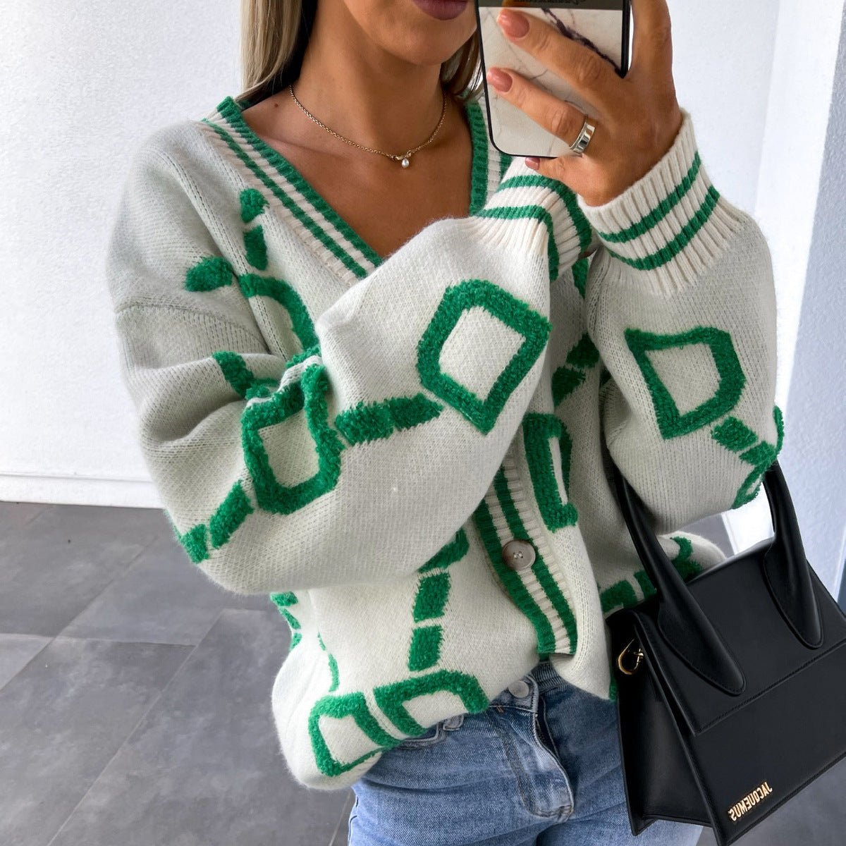 Dames Oversized Gebreide Cardigan Met Geometrische Print
