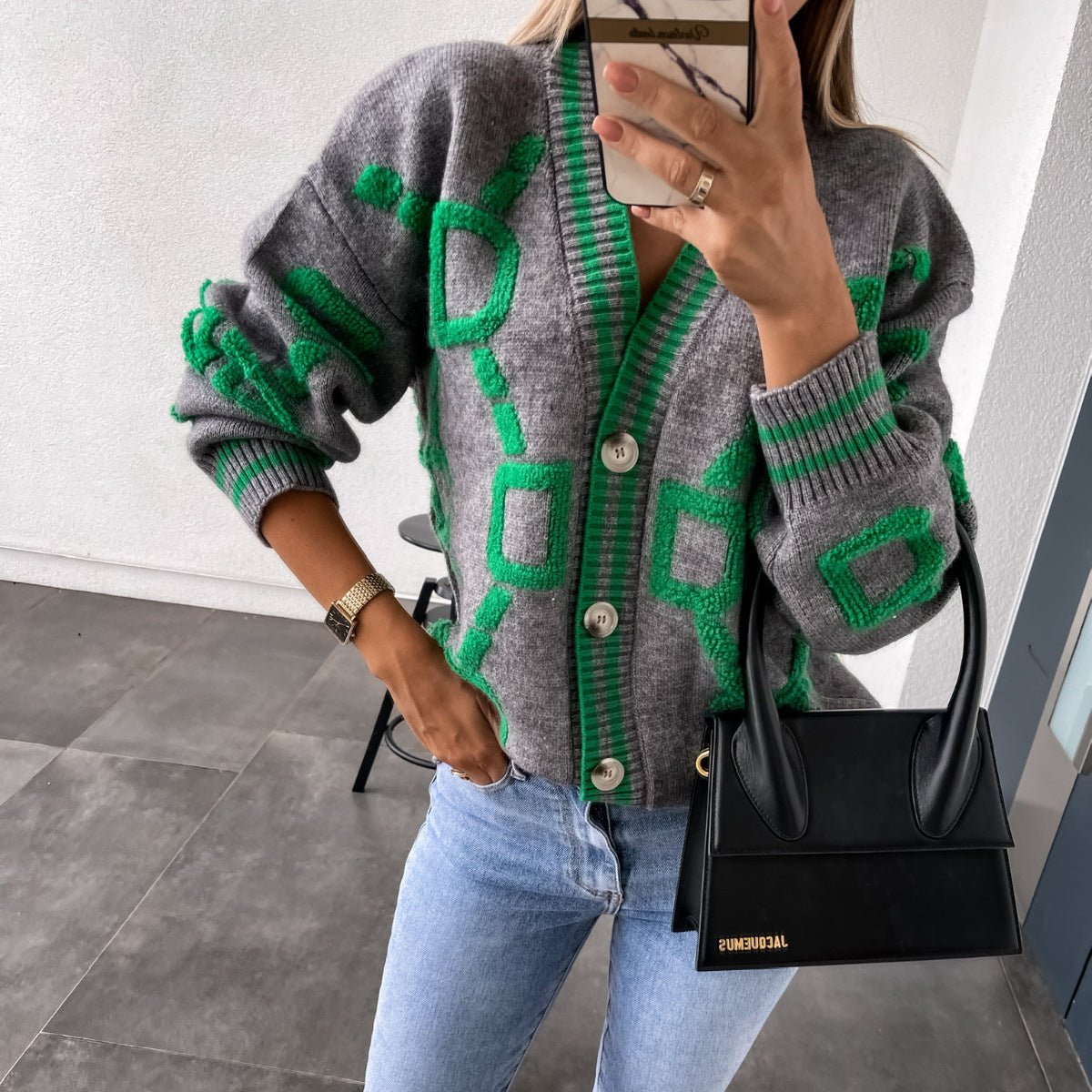 Dames Oversized Gebreide Cardigan Met Geometrische Print
