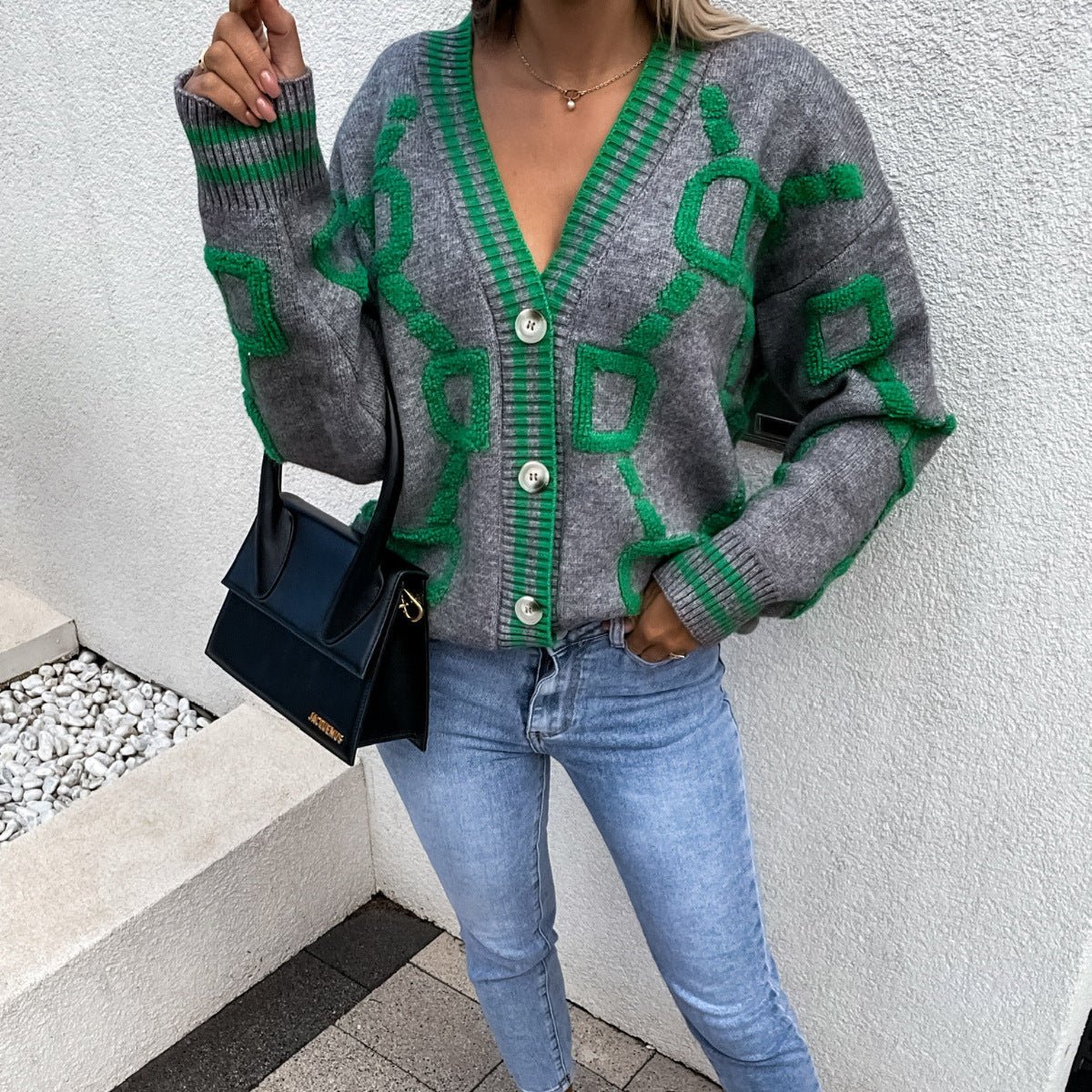 Dames Oversized Gebreide Cardigan Met Geometrische Print