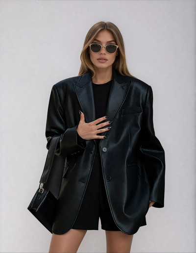 Dames Oversized Imitatieleren Blazer Met Revers