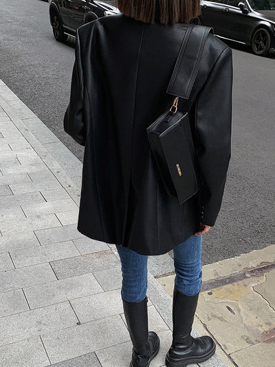 Dames Oversized Imitatieleren Blazer Met Revers