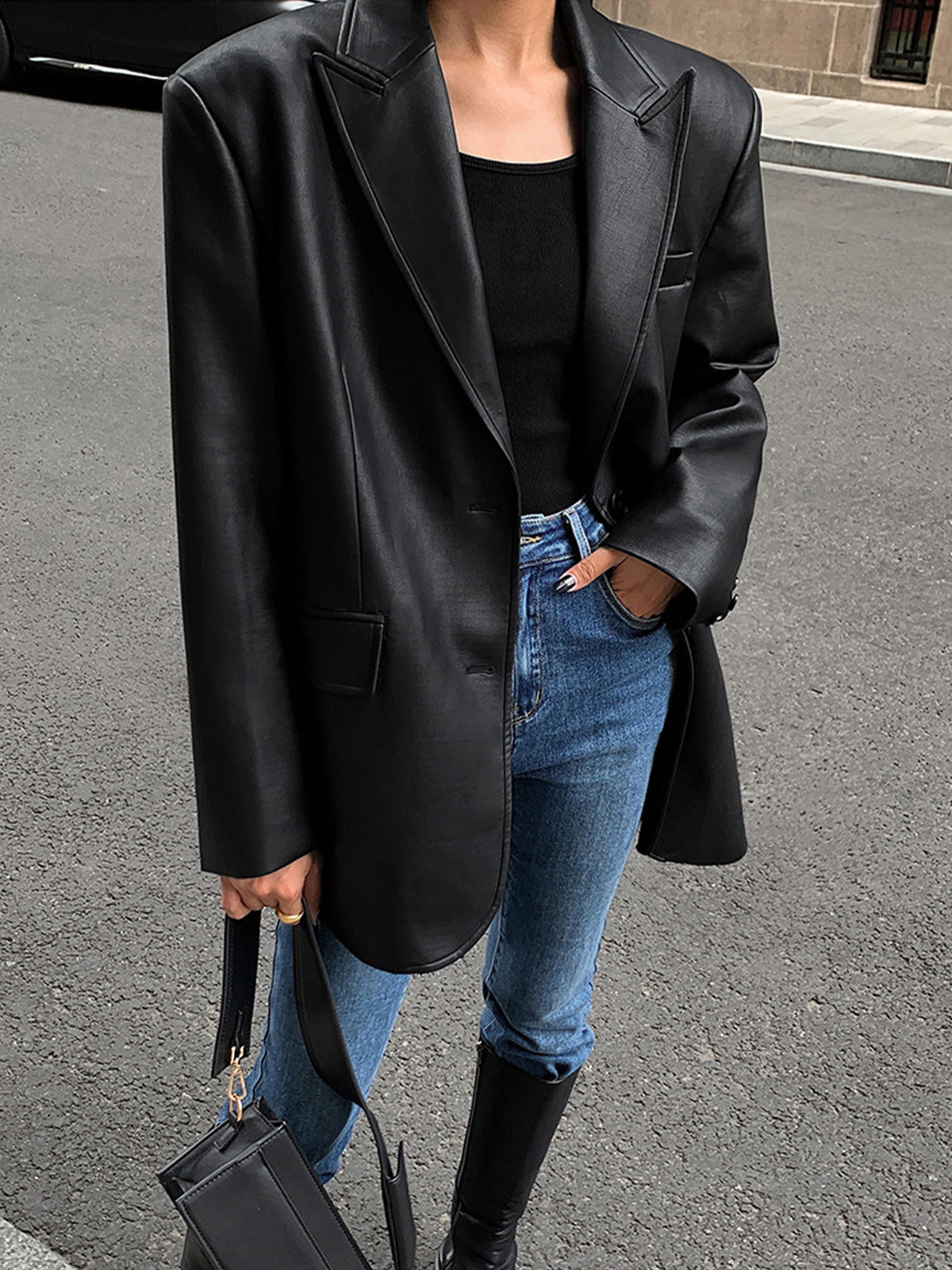 Dames Oversized Imitatieleren Blazer Met Revers