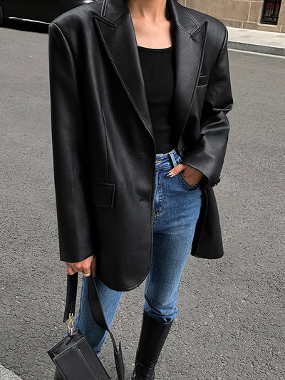 Dames Oversized Imitatieleren Blazer Met Revers