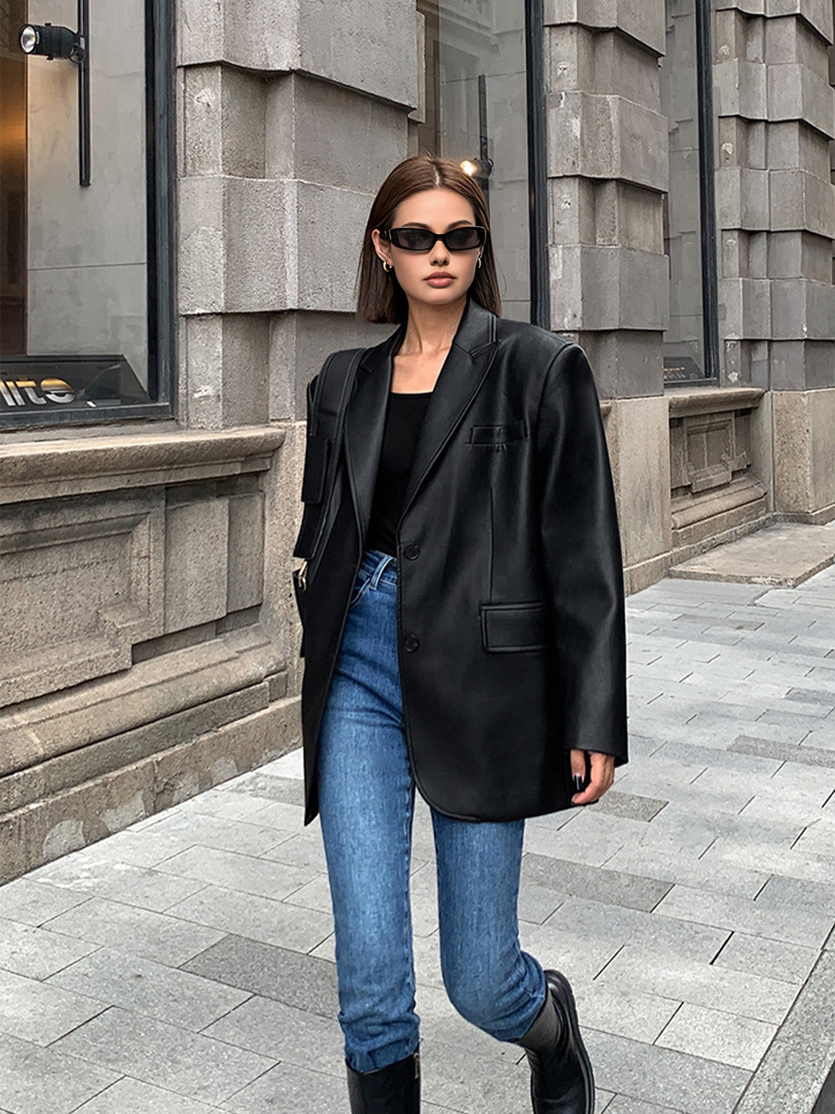Dames Oversized Imitatieleren Blazer Met Revers