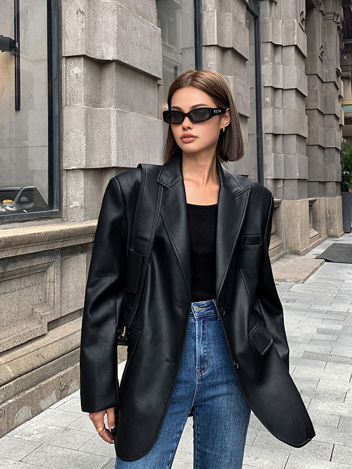 Dames Oversized Imitatieleren Blazer Met Revers