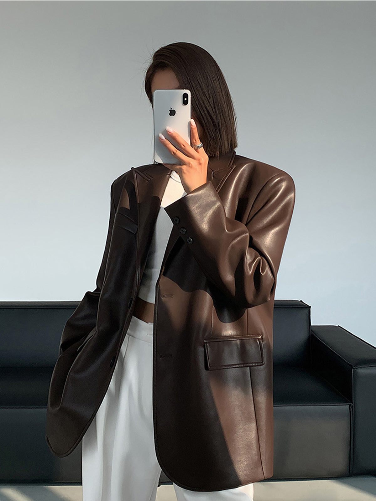 Dames Oversized Imitatieleren Blazer Met Revers