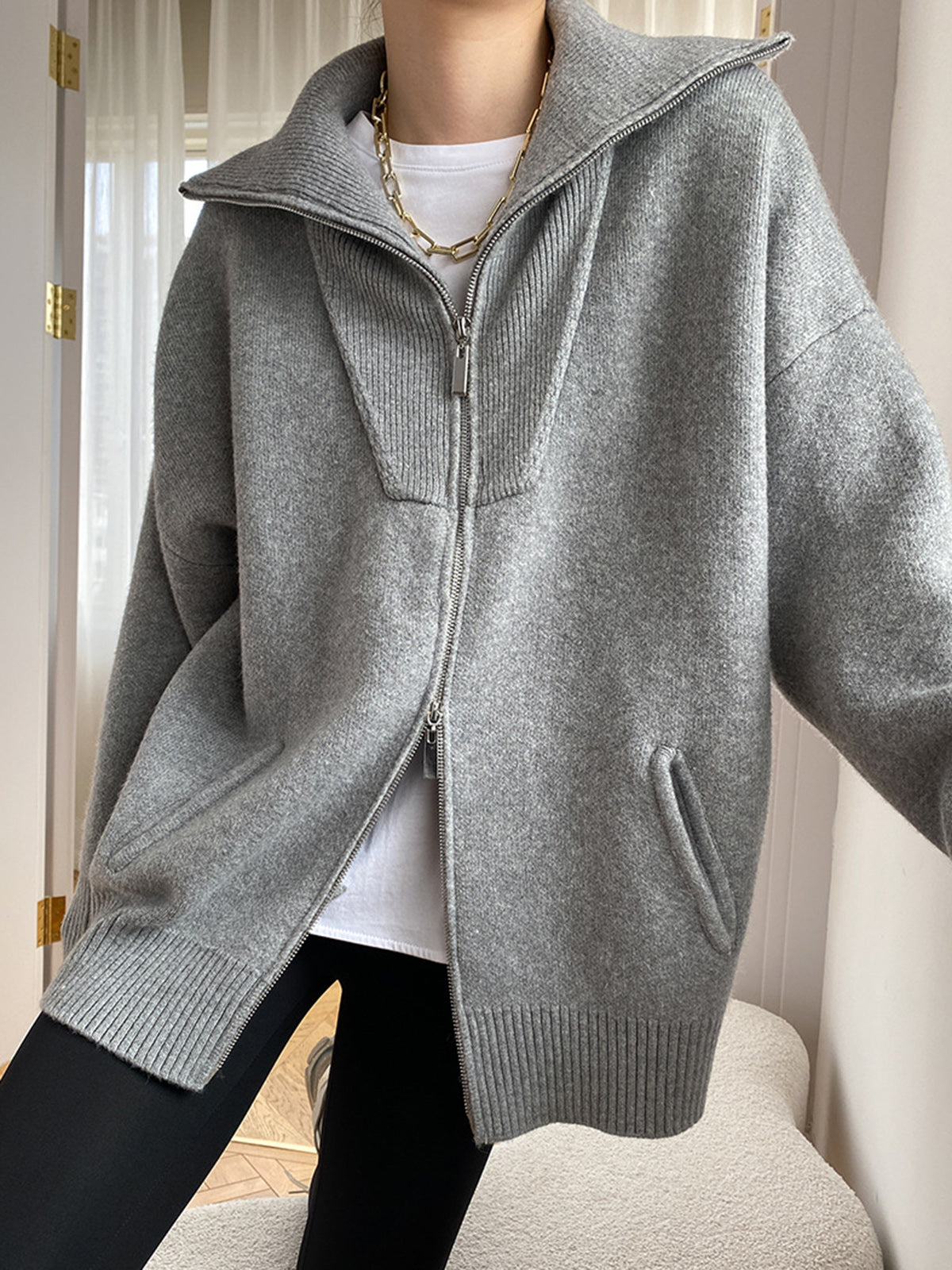 Dames Oversized Gebreide Vest Met Open Kraag En Lange Mouwen