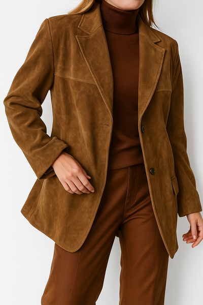 Dames Suède Blazer Met Klassiek Revers En Lange Mouwen