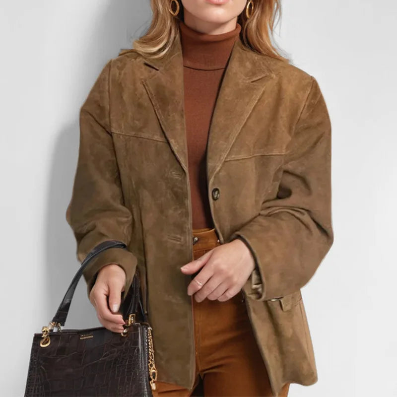 Dames Suède Blazer Met Klassiek Revers En Lange Mouwen