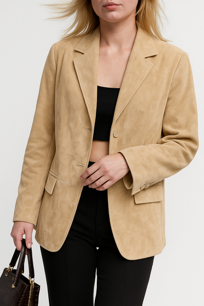 Dames Suède Blazer Met Klassiek Revers En Lange Mouwen