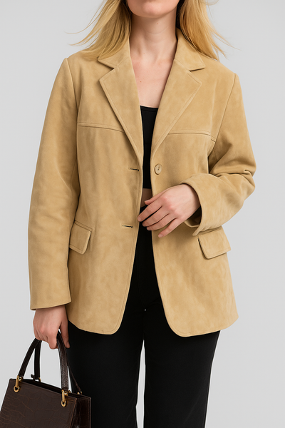 Dames Suède Blazer Met Klassiek Revers En Lange Mouwen