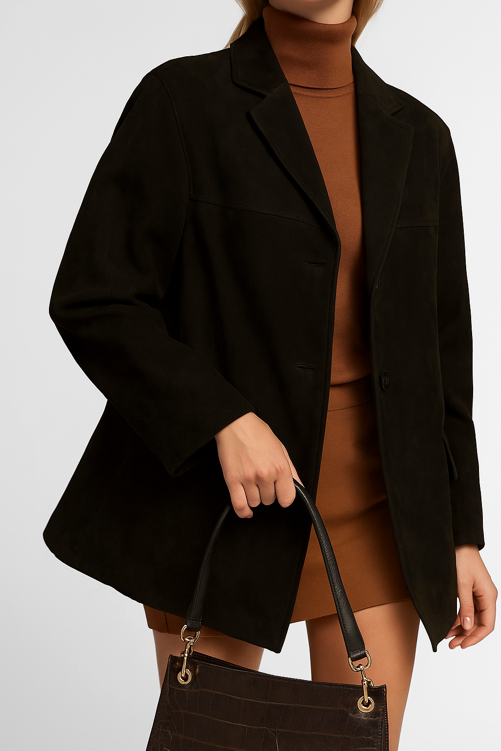 Dames Suède Blazer Met Klassiek Revers En Lange Mouwen