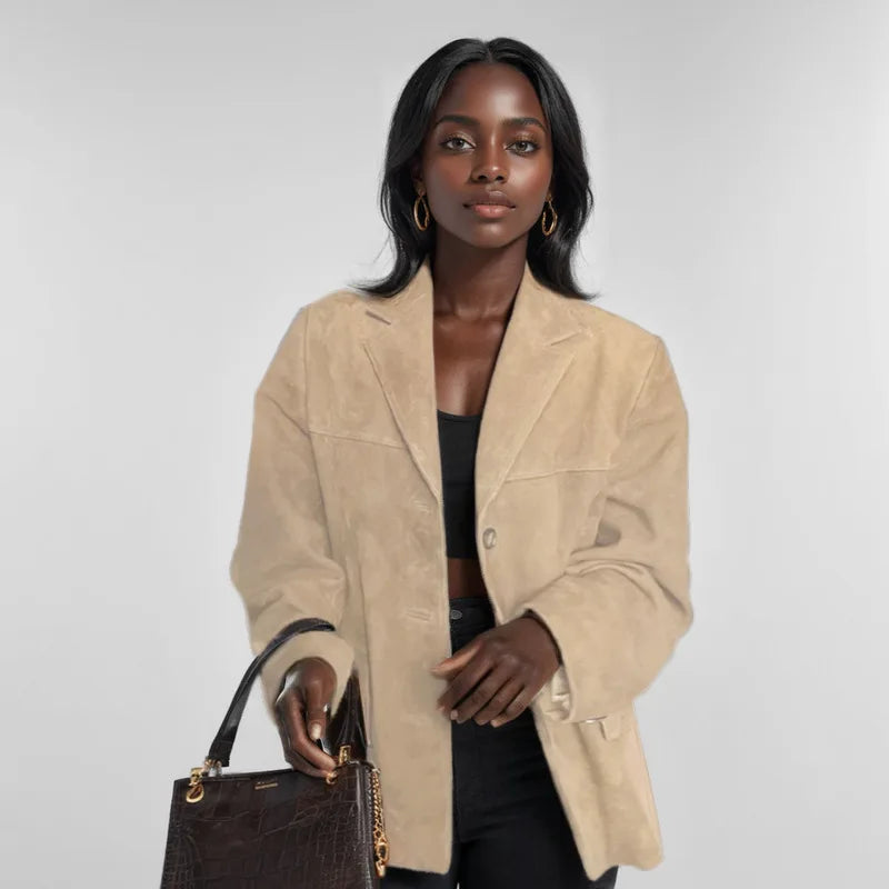 Dames Suède Blazer Met Klassiek Revers En Lange Mouwen