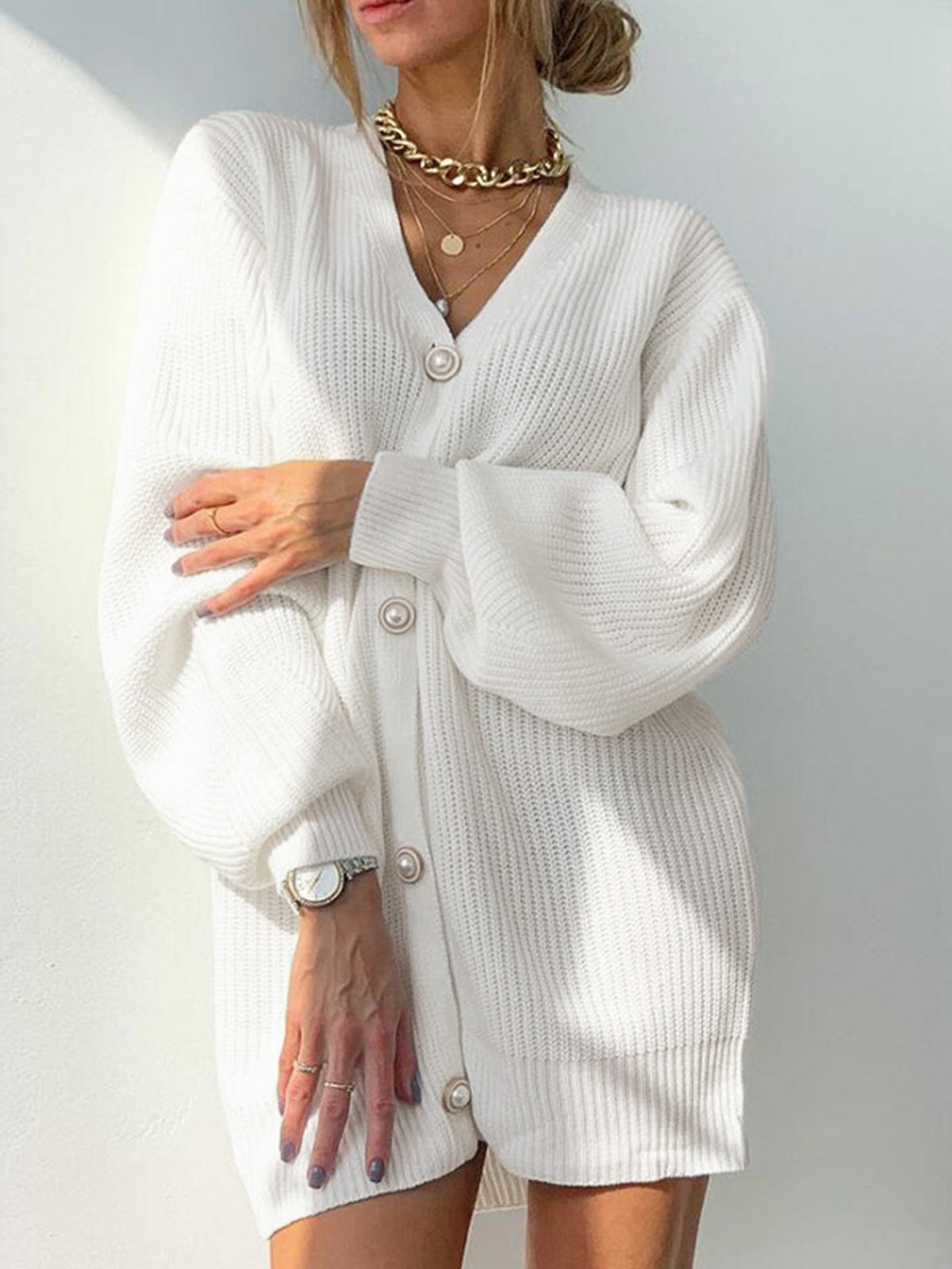 Dames Oversized Gebreid Cardigan Met V-Hals En Knoopsluiting