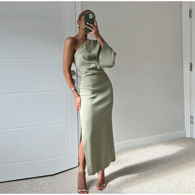 Dames Maxi Jurk Met Een Schouder En Split