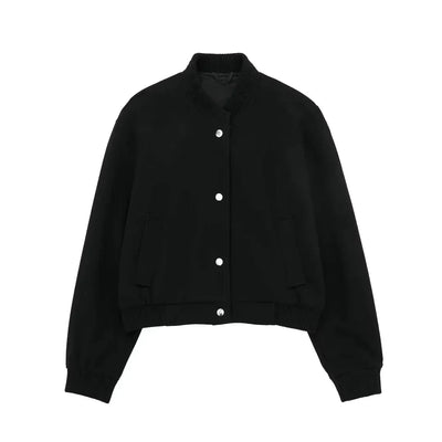 Dames Cropped Bomberjack Met Knopen En Geribde Boorden
