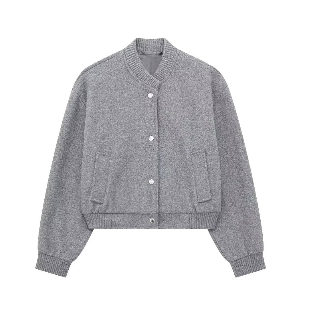 Dames Cropped Bomberjack Met Knopen En Geribde Boorden