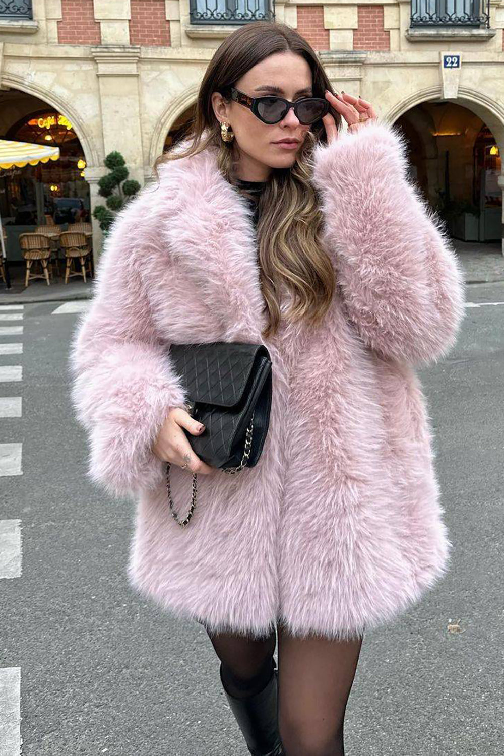 Dames Lange Imitatiebont Jas Met Open Voorkant En Zachte Afwerking In Roze