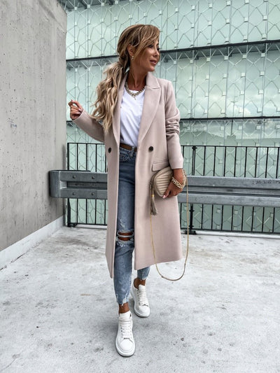 Dames Lange Winterjas In Casual Chic Stijl Met Reverskraag En Zakken