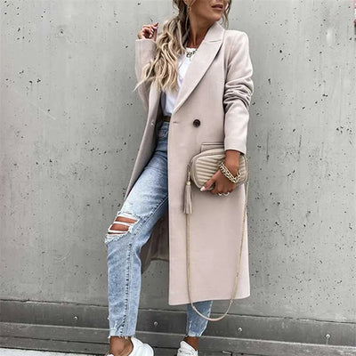Dames Lange Winterjas In Casual Chic Stijl Met Reverskraag En Zakken