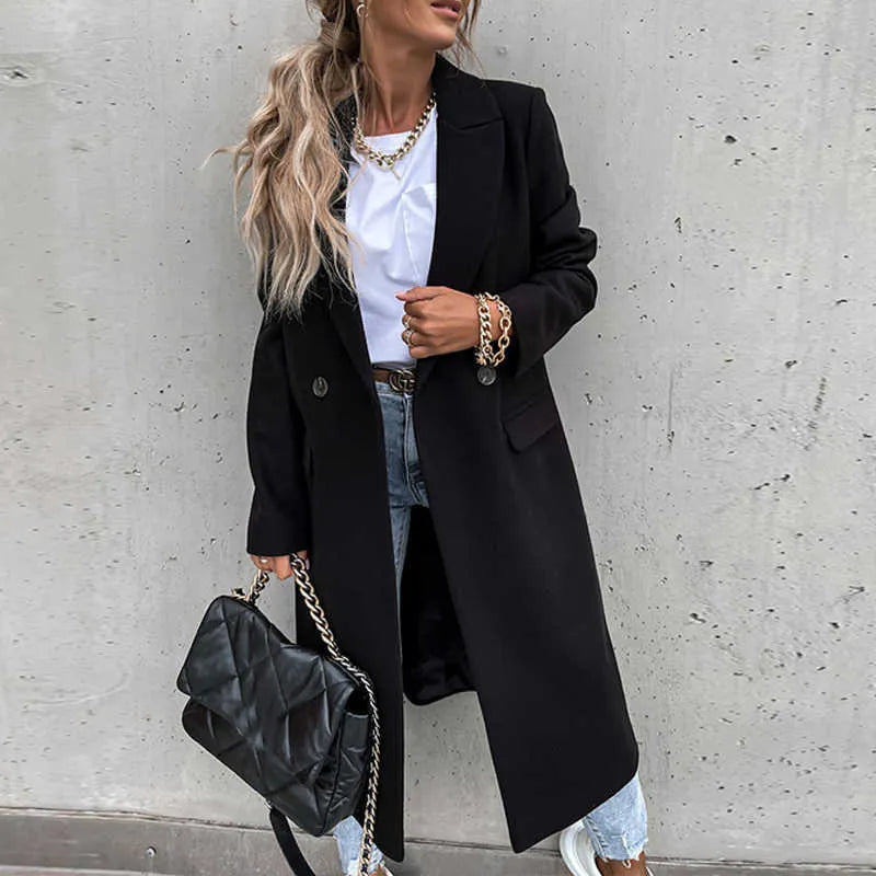 Dames Lange Winterjas In Casual Chic Stijl Met Reverskraag En Zakken