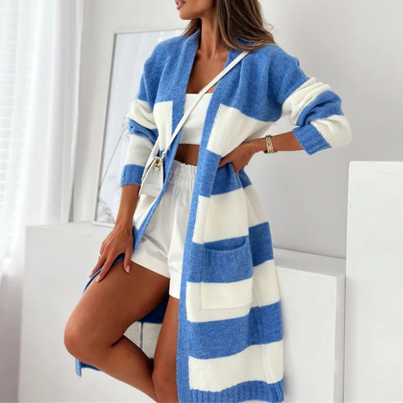 Dames Lang Gestreepte Cardigan Met Lange Mouwen En Zakken
