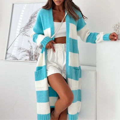 Dames Lang Gestreepte Cardigan Met Lange Mouwen En Zakken