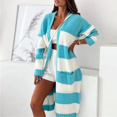 Dames Lang Gestreepte Cardigan Met Lange Mouwen En Zakken