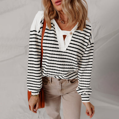 Dames Casual Gestreepte Sweater Met V-Hals En Lange Mouwen