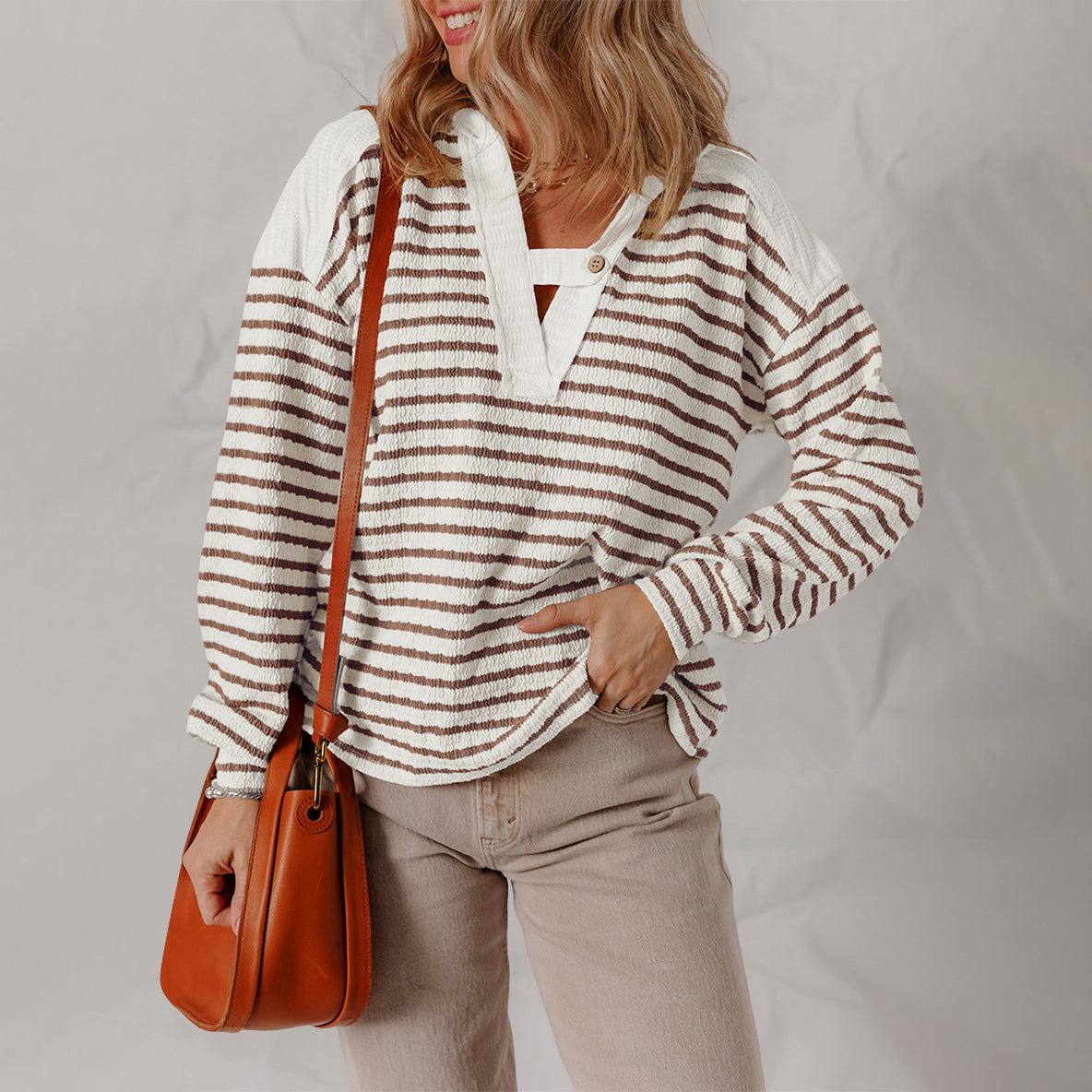 Dames Casual Gestreepte Sweater Met V-Hals En Lange Mouwen