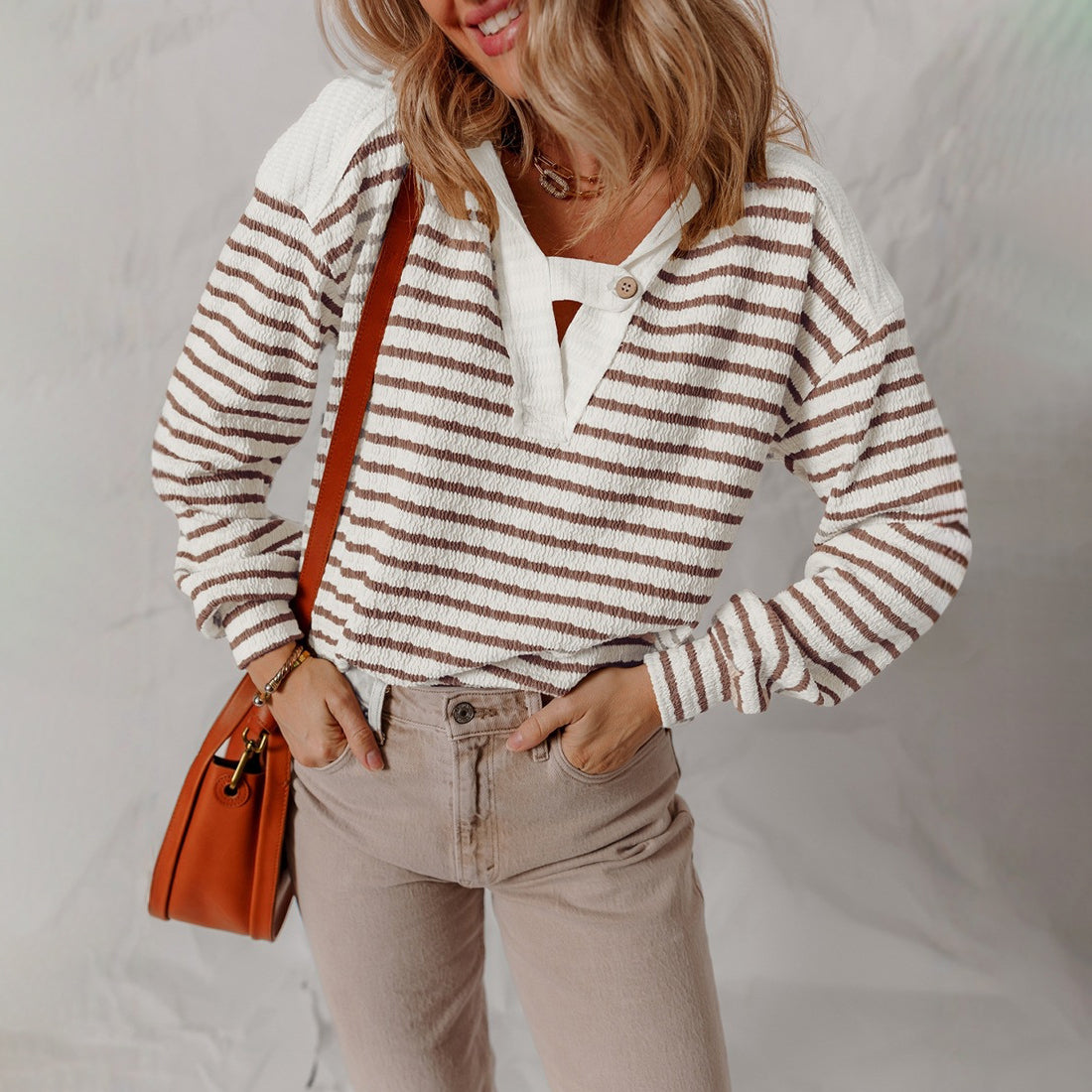 Dames Casual Gestreepte Sweater Met V-Hals En Lange Mouwen