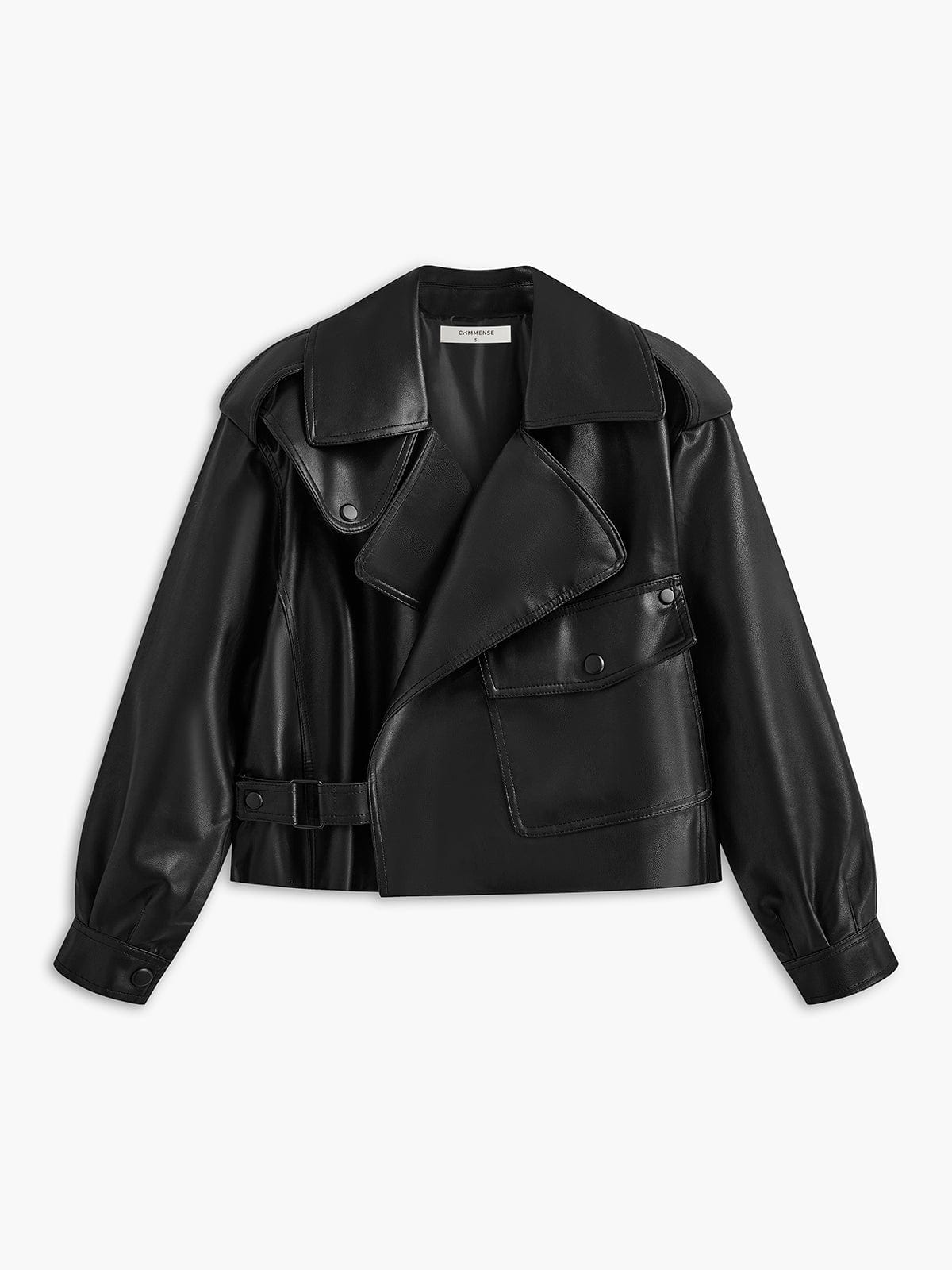 Dames Zwart Imitatieleren Jasje Met Riemdetail En Stoere Look