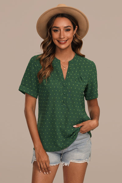 Dames Blouse Met V-Hals Korte Mouwen En Knoopdetails