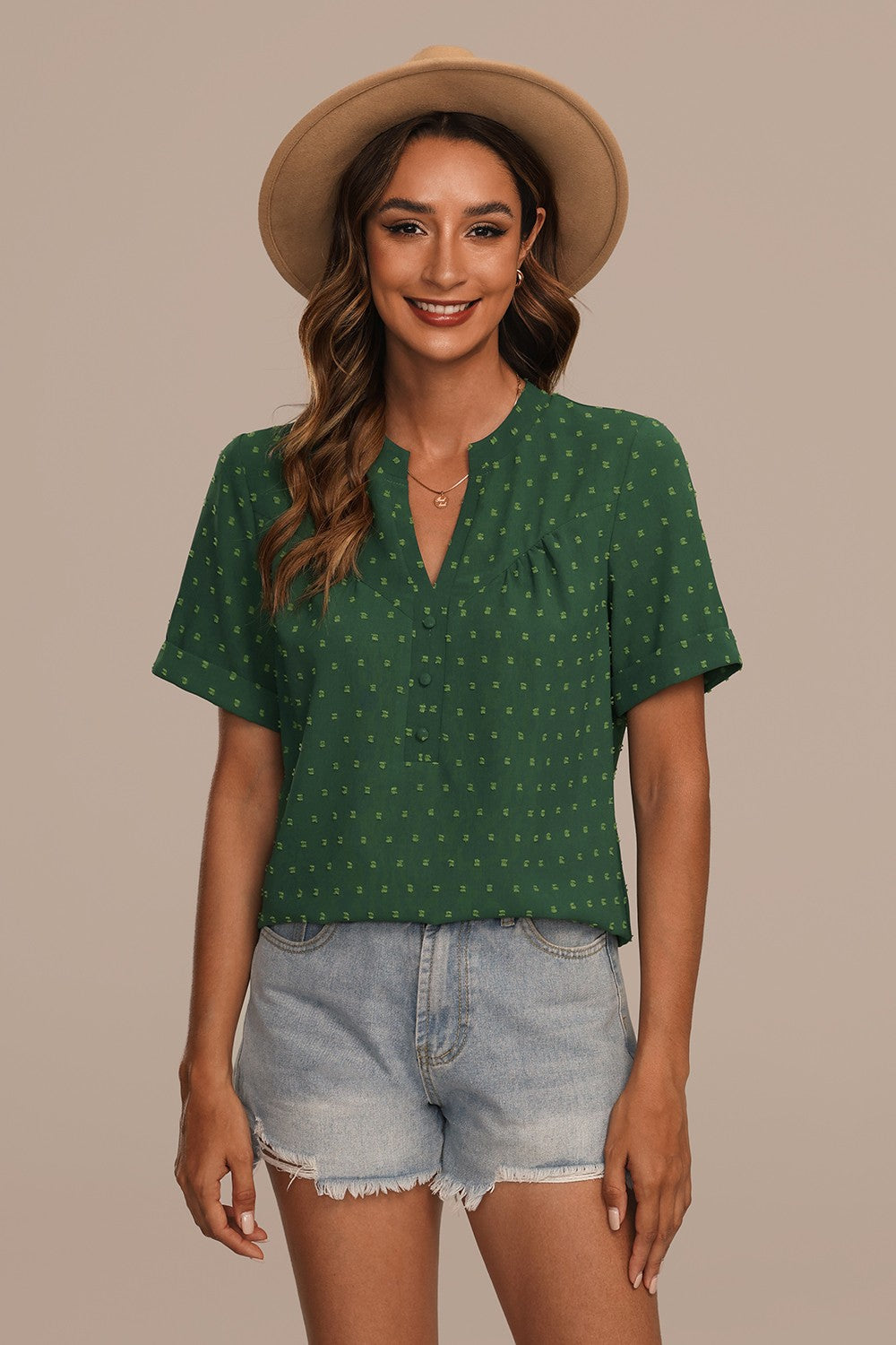 Dames Blouse Met V-Hals Korte Mouwen En Knoopdetails