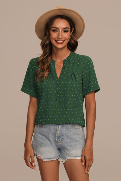 Dames Blouse Met V-Hals Korte Mouwen En Knoopdetails