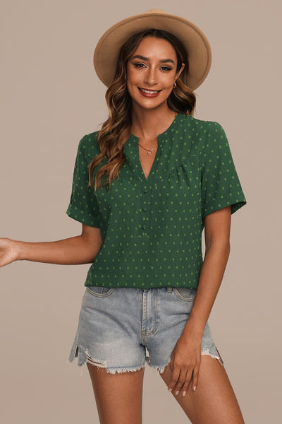 Dames Blouse Met V-Hals Korte Mouwen En Knoopdetails
