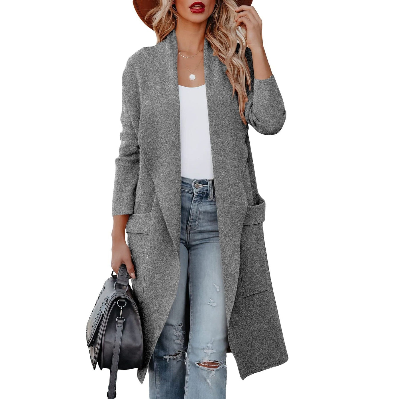 Dames Casual Lange Cardigan Met Zakken En Open Voorkant