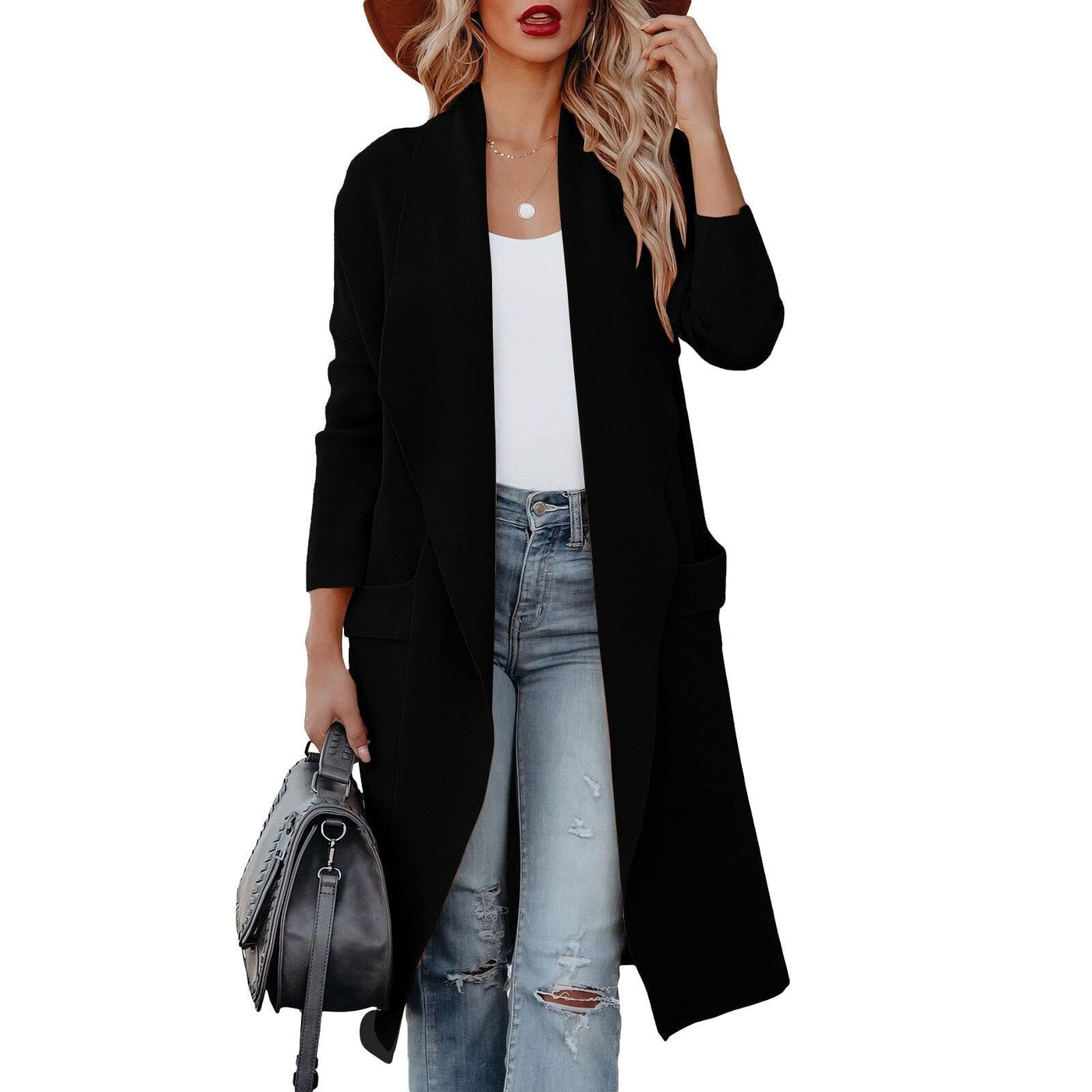 Dames Casual Lange Cardigan Met Zakken En Open Voorkant