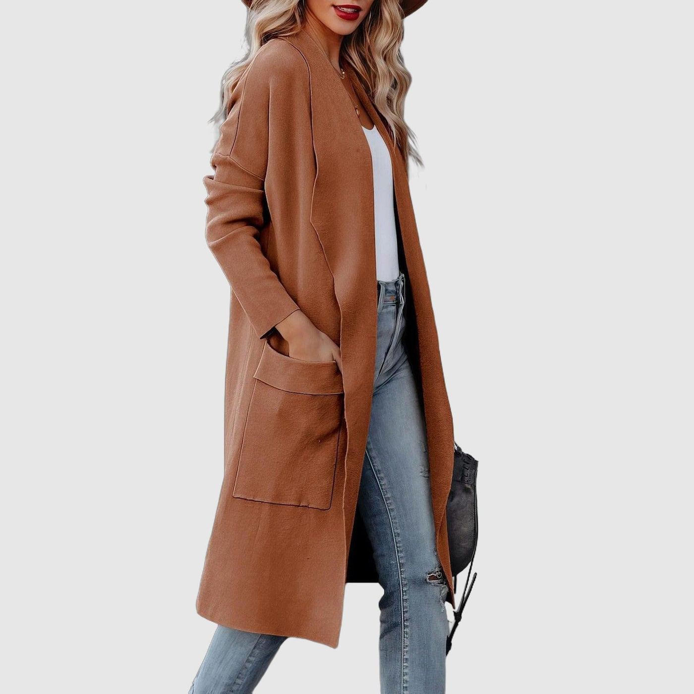 Dames Casual Lange Cardigan Met Zakken En Open Voorkant