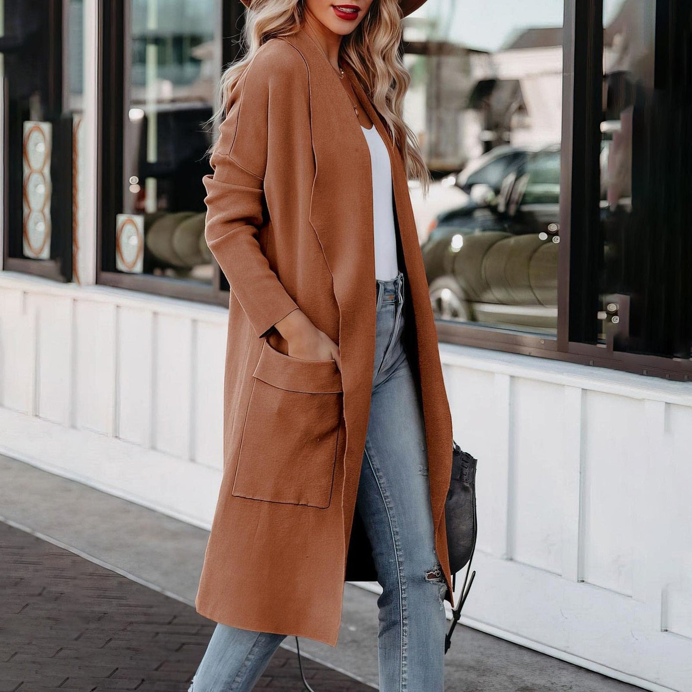 Dames Casual Lange Cardigan Met Zakken En Open Voorkant