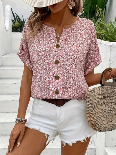 Dames Roze Blouse Met Korte Mouwen En Bloemenprint