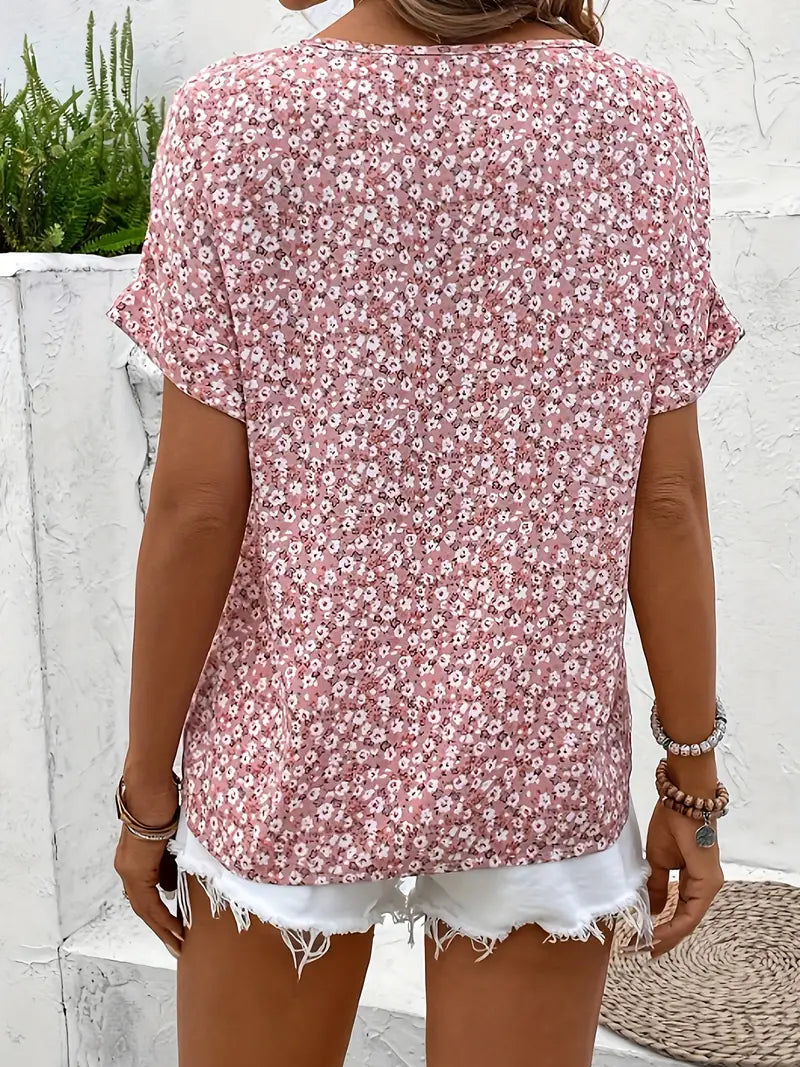 Dames Roze Blouse Met Korte Mouwen En Bloemenprint