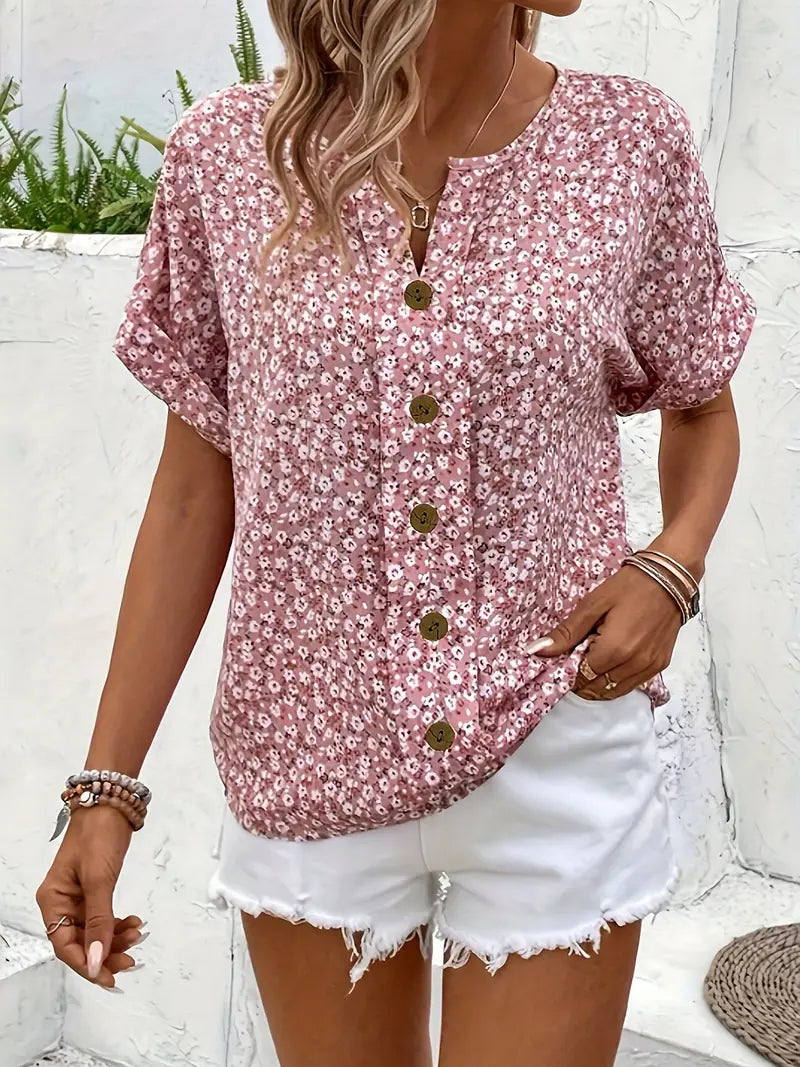 Dames Roze Blouse Met Korte Mouwen En Bloemenprint