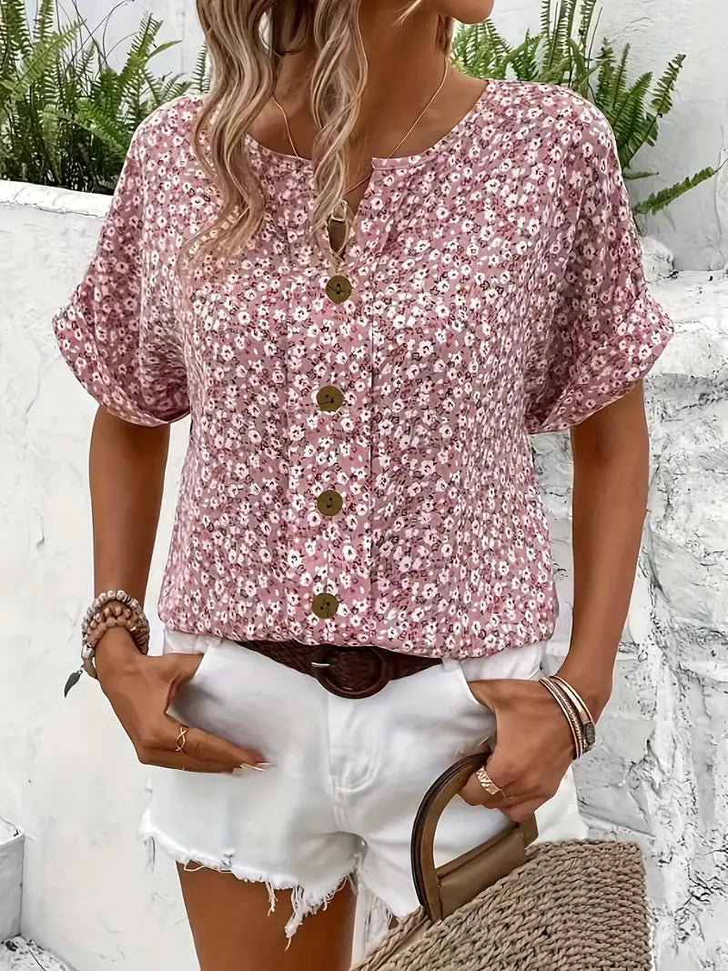 Dames Roze Blouse Met Korte Mouwen En Bloemenprint