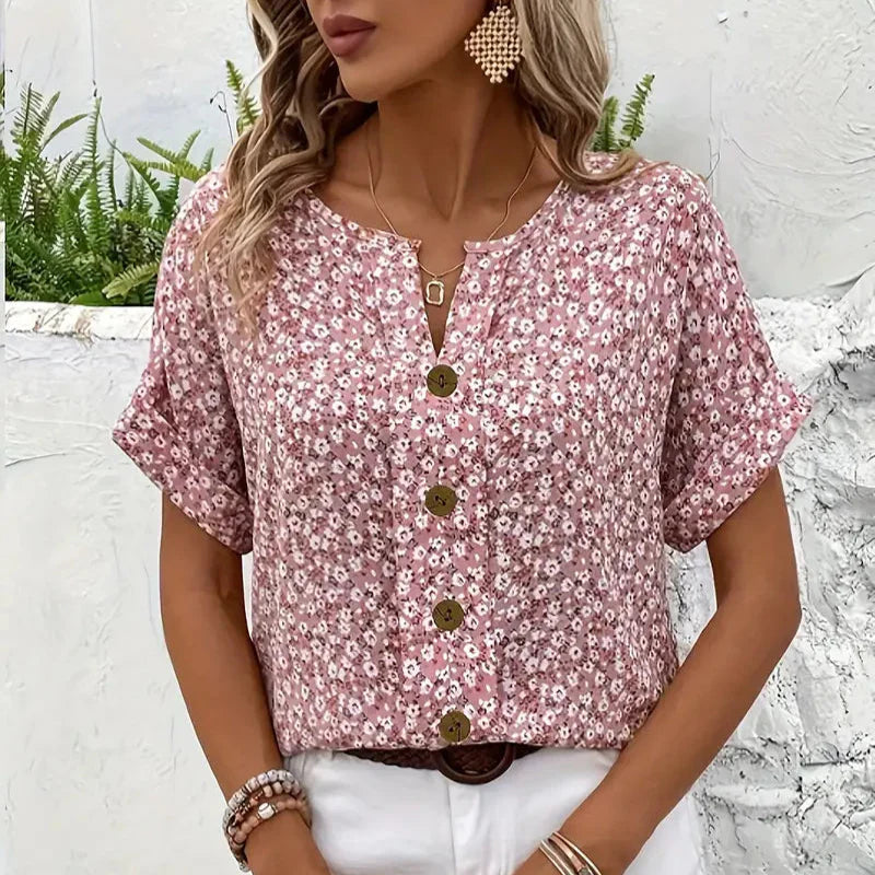 Dames Roze Blouse Met Korte Mouwen En Bloemenprint
